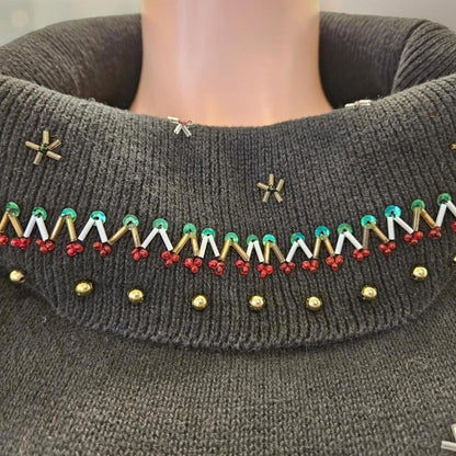 Vintage Christmas Sweater Beads Sequins Snowflakes Candy Canes