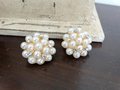 Vintage Pearl Cluster Clip-On Earrings Gold-Tone Rhinestone Accents 1960s Re image 0
