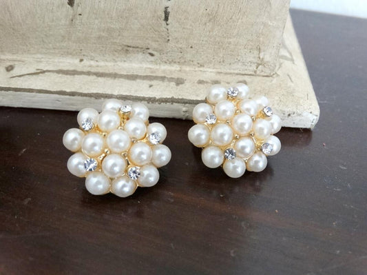 Vintage Pearl Cluster Clip-On Earrings Gold-Tone Rhinestone Accents 1960s Re image 0