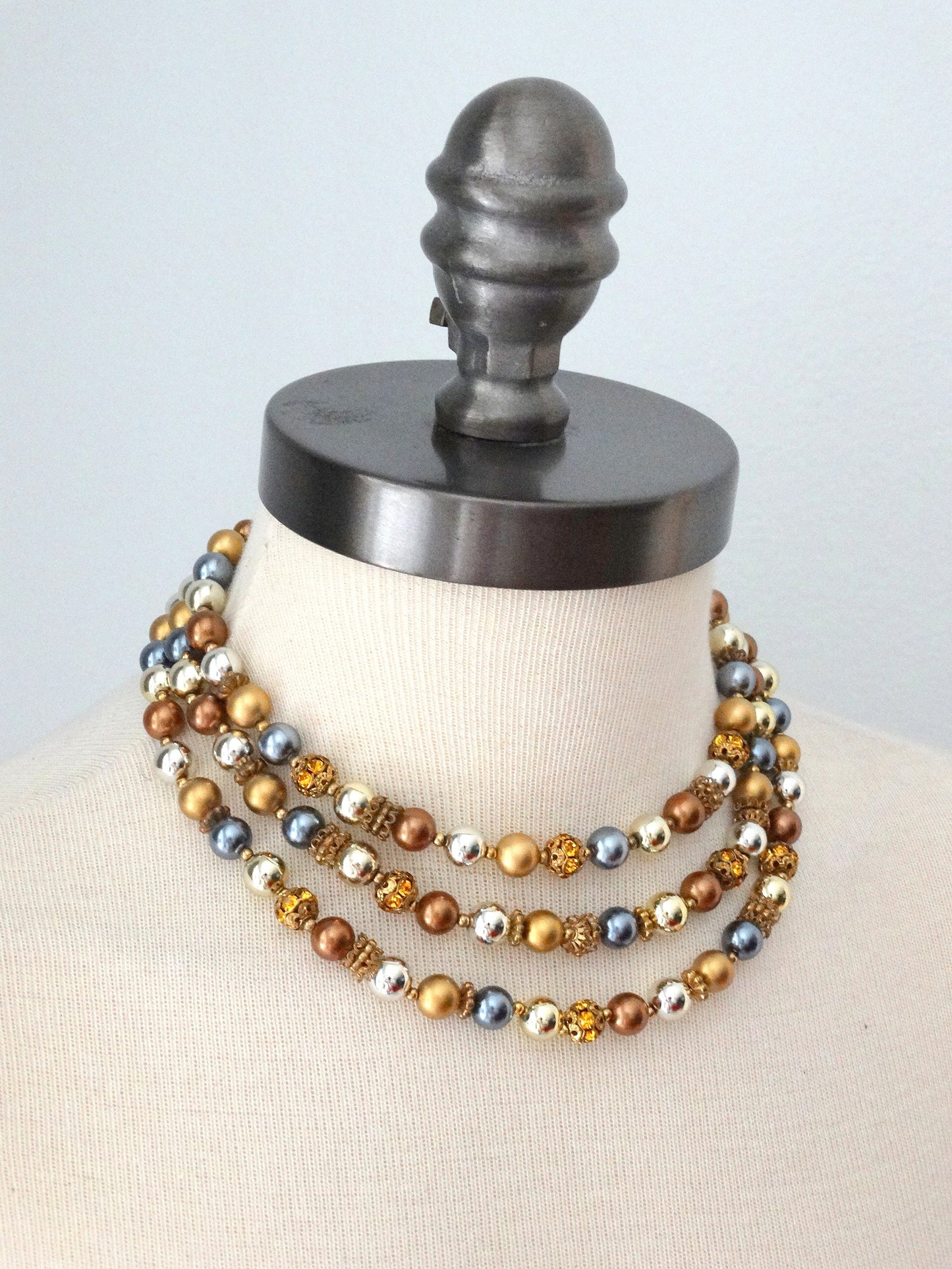 Vtg 3-Strand Bead Brown Gold Filigree Metallic Pearl Choker Necklace image 0