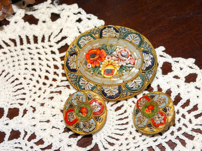 Vintage Italian Micro Mosaic Floral Brooch & Earrings Set image 0