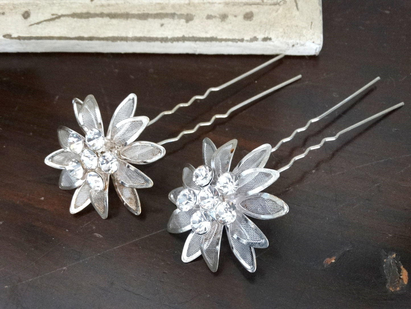Vintage Mesh Silver Flower Hair Picks Rhinestone Crystal image 2