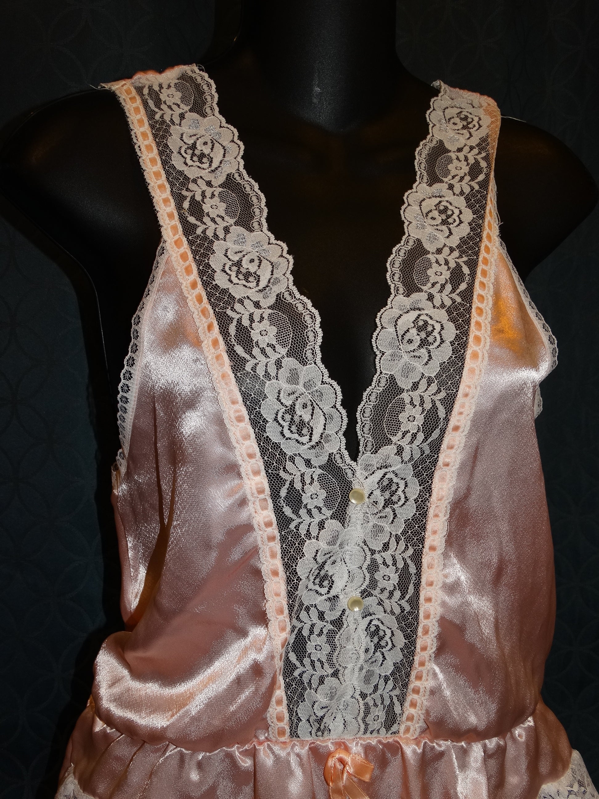 Vintage Peach Liquid Satin Teddy Lace Trim V-Neck Ruffle Legs Union Made image 1