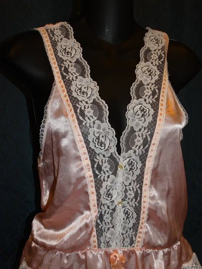 Vintage Peach Liquid Satin Teddy Lace Trim V-Neck Ruffle Legs Union Made image 1
