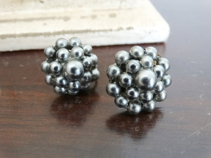 Vintage Gunmetal Cluster Screw-Back Earrings 1950s Gray Beaded Bubble Earrings image 0