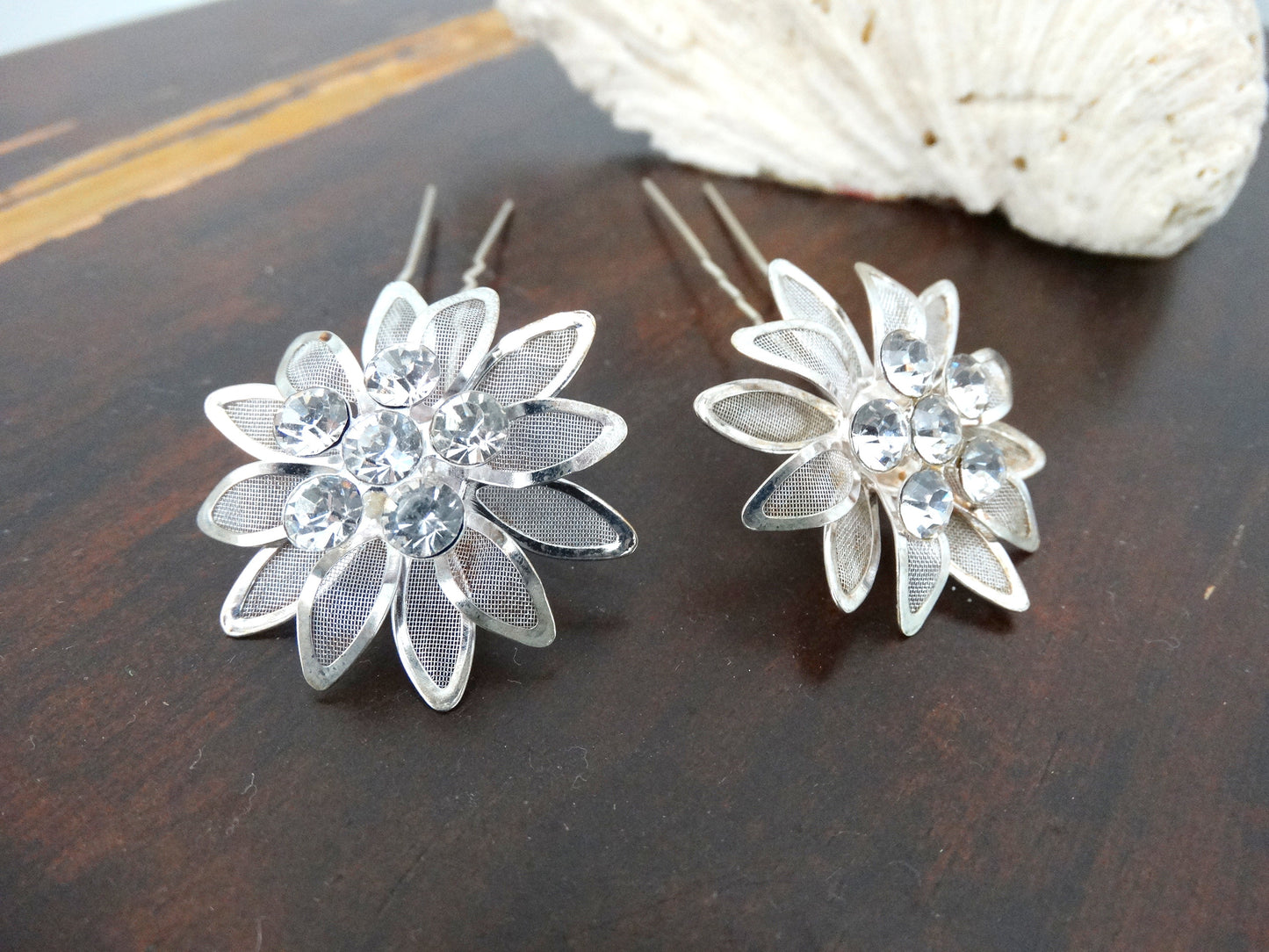 Vintage Mesh Silver Flower Hair Picks Rhinestone Crystal image 4