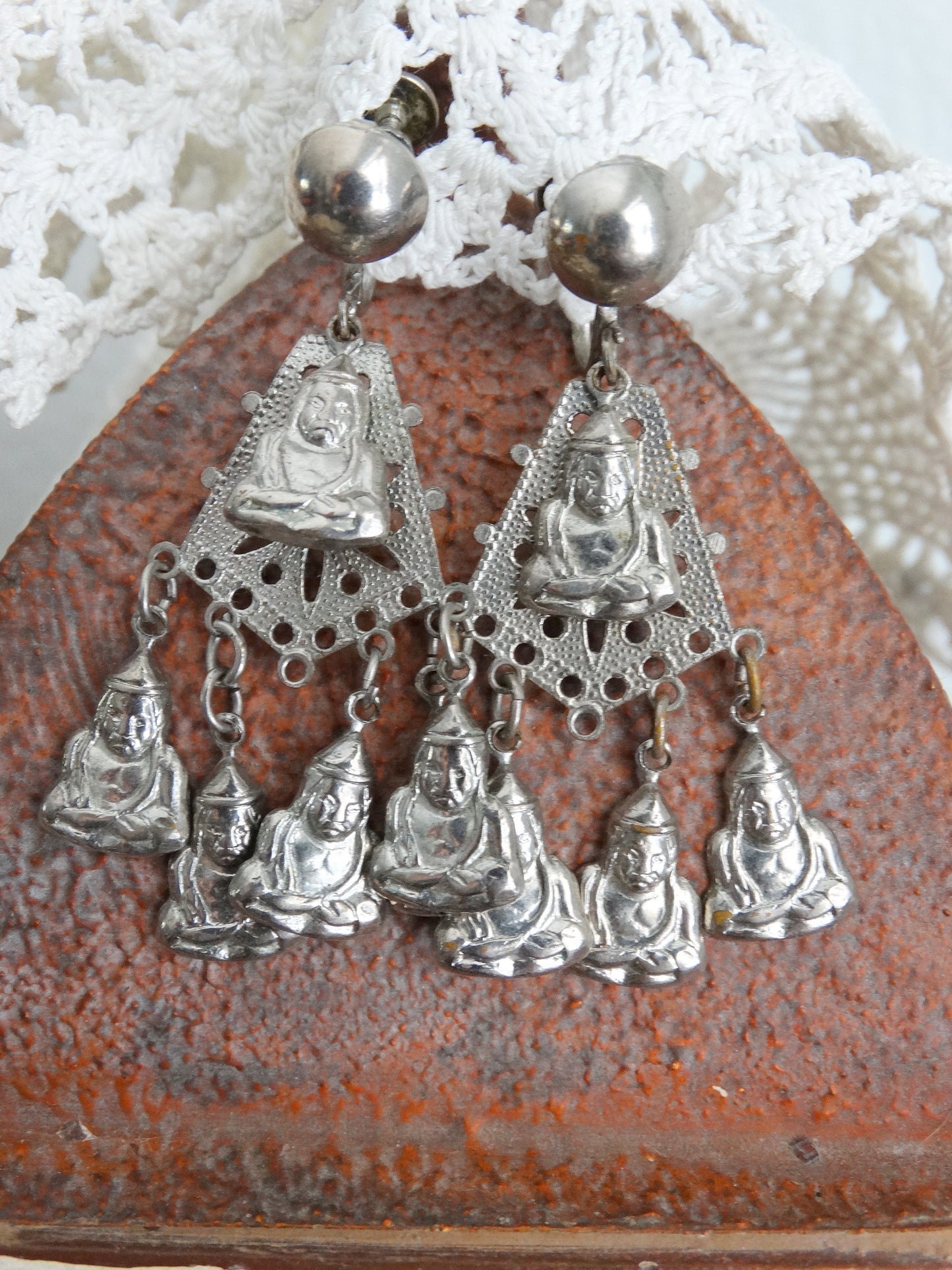 Vintage Buddha Dangle Earrings Screw-Back Drop Earrings Filagree image 1