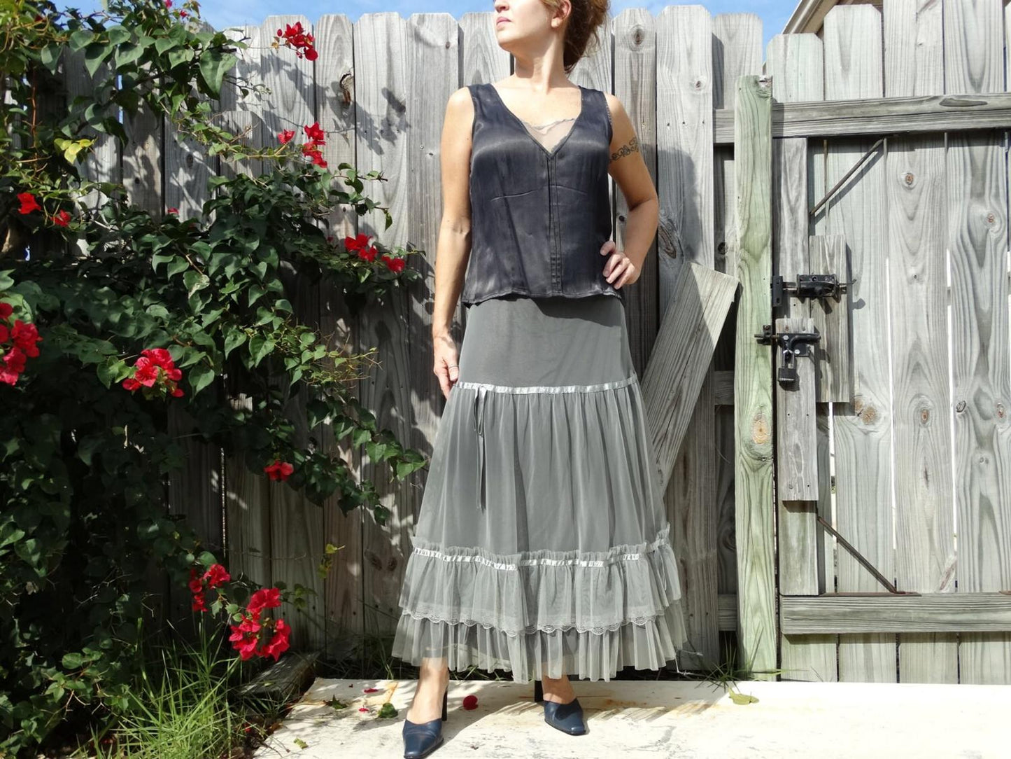 Vintage 80s Boho Tiered Lace Skirt with Silky Blouse Tank Style Top - Medium