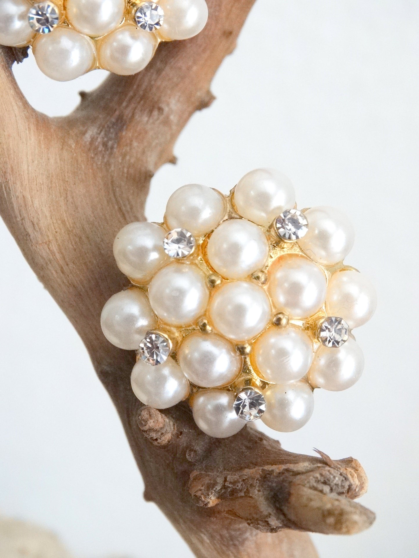 Vintage Pearl Cluster Clip-On Earrings Gold-Tone Rhinestone Accents 1960s Re image 1