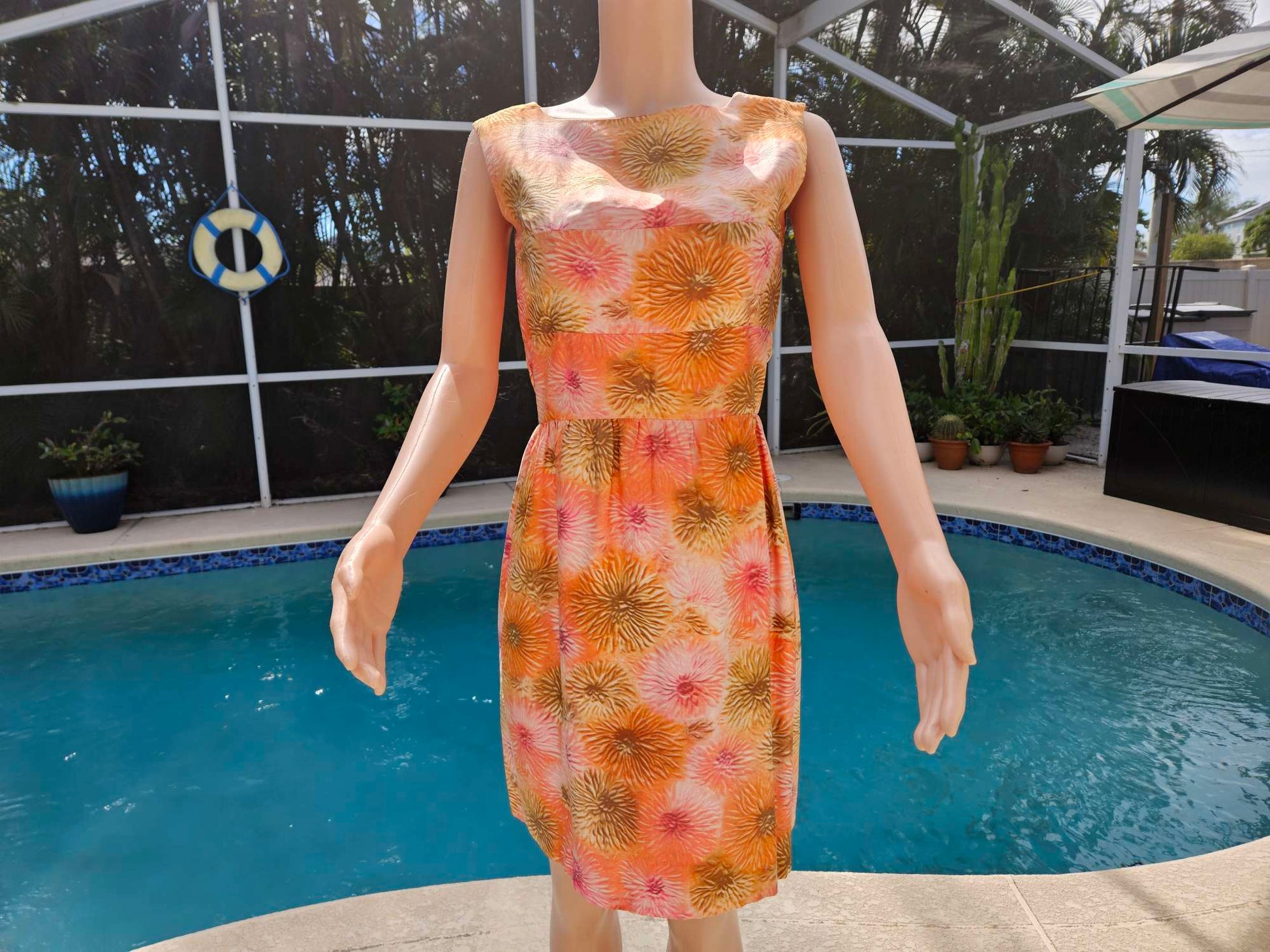 Vintage 1960s Floral Sleeveless Sheath Dress Pink Orange image 0