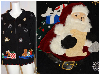 Vintage 1990s Designer Original Studio Christmas Santa Beaded Zip-Front Sweater Jumper