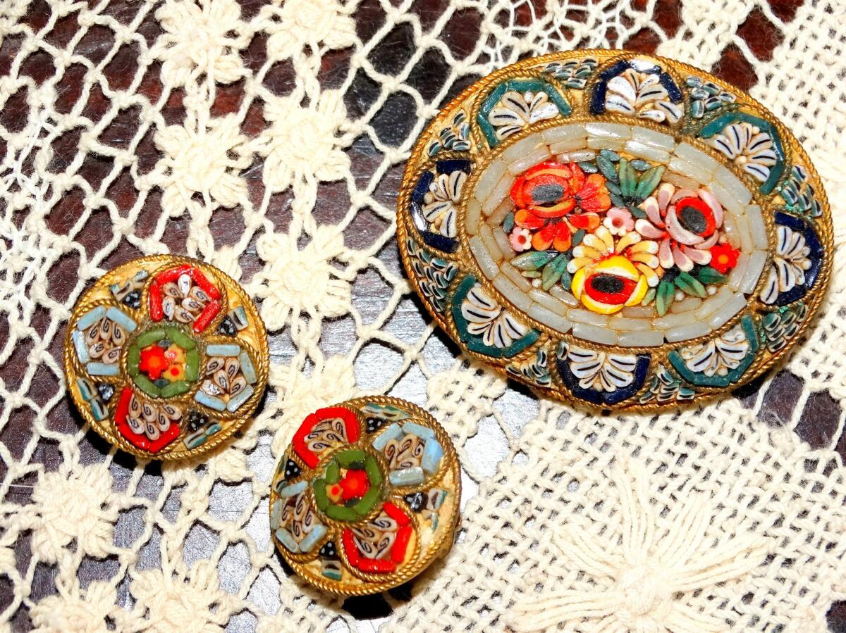Vintage Italian Micro Mosaic Floral Brooch & Earrings Set image 1