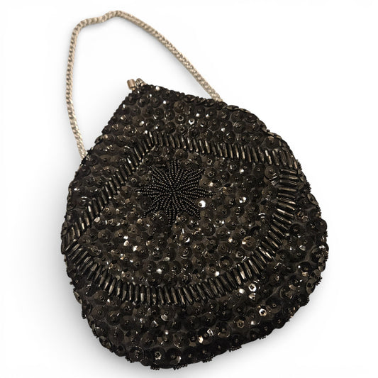Mister Ernest Black Beaded Starburst Evening Bag - Hong Kong 1960s Cocktail Purse.