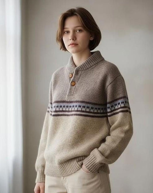 Vintage 1970s–1980s Wool Knit Sweater – Oatmeal Fair Isle Pullover | Made in USA