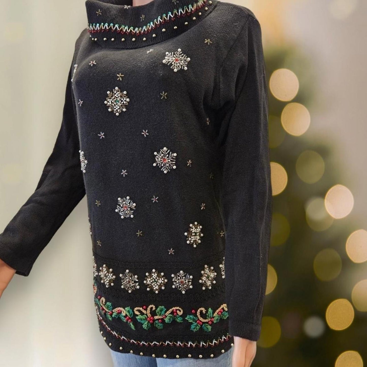 Vintage Christmas Sweater Beads Sequins Snowflakes Candy Canes