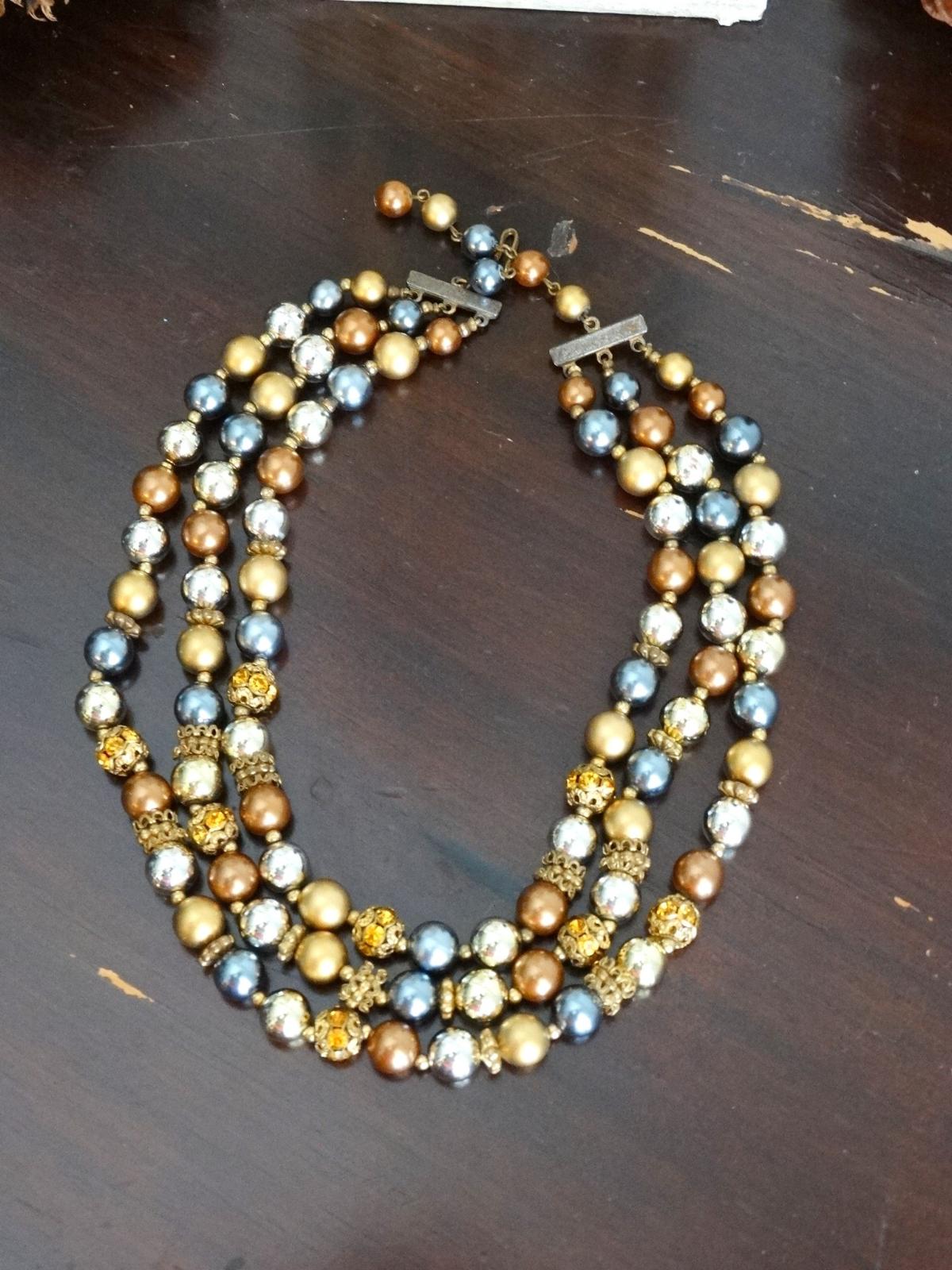 Vtg 3-Strand Bead Brown Gold Filigree Metallic Pearl Choker Necklace image 1