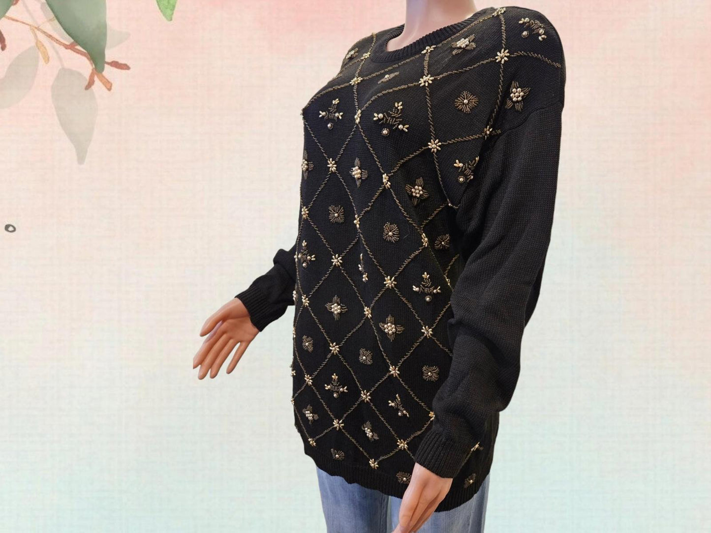 Vintage 80s Black Beaded Sweater Jumper - Size Large