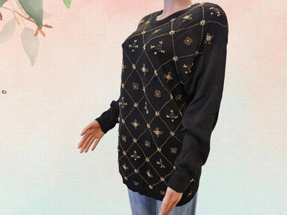 Vintage 80s Black Beaded Sweater Jumper - Size Large