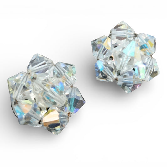 Vintage Aurora Borealis Crystal Clip-On Earrings  Mid-Century Iridescent Cluster