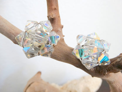 Vintage Aurora Borealis Crystal Clip-On Earrings  Mid-Century Iridescent Cluster
