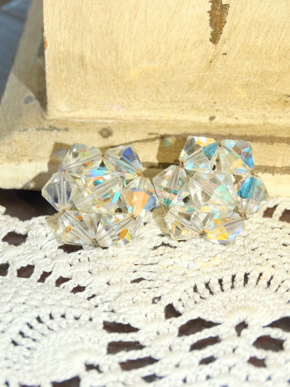 Vintage Aurora Borealis Crystal Clip-On Earrings  Mid-Century Iridescent Cluster