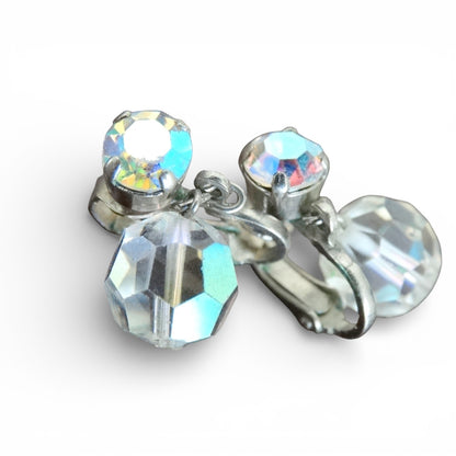 Vintage Sarah Coventry Aurora Borealis Crystal Clip-On Earrings – Silver Tone Dangle