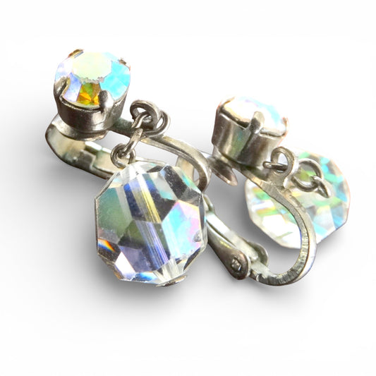 Vintage Sarah Coventry Aurora Borealis Crystal Clip-On Earrings – Silver Tone Dangle