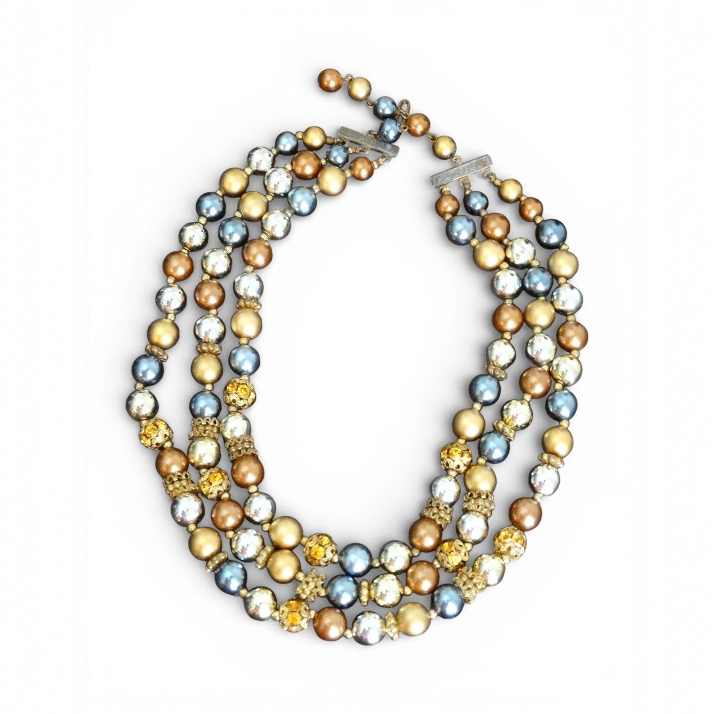 1950s–1960s Multitone Faux Pearl Necklace Triple Strand Gold Bronze Beads