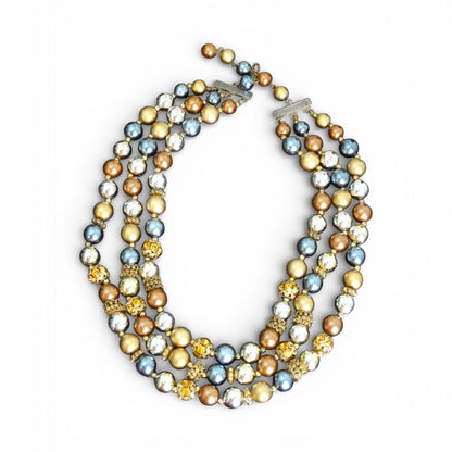 1950s–1960s Multitone Faux Pearl Necklace Triple Strand Gold Bronze Beads