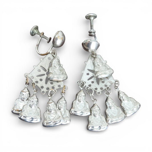 Vintage Silver Tone Buddha Chandelier Screwback Earrings