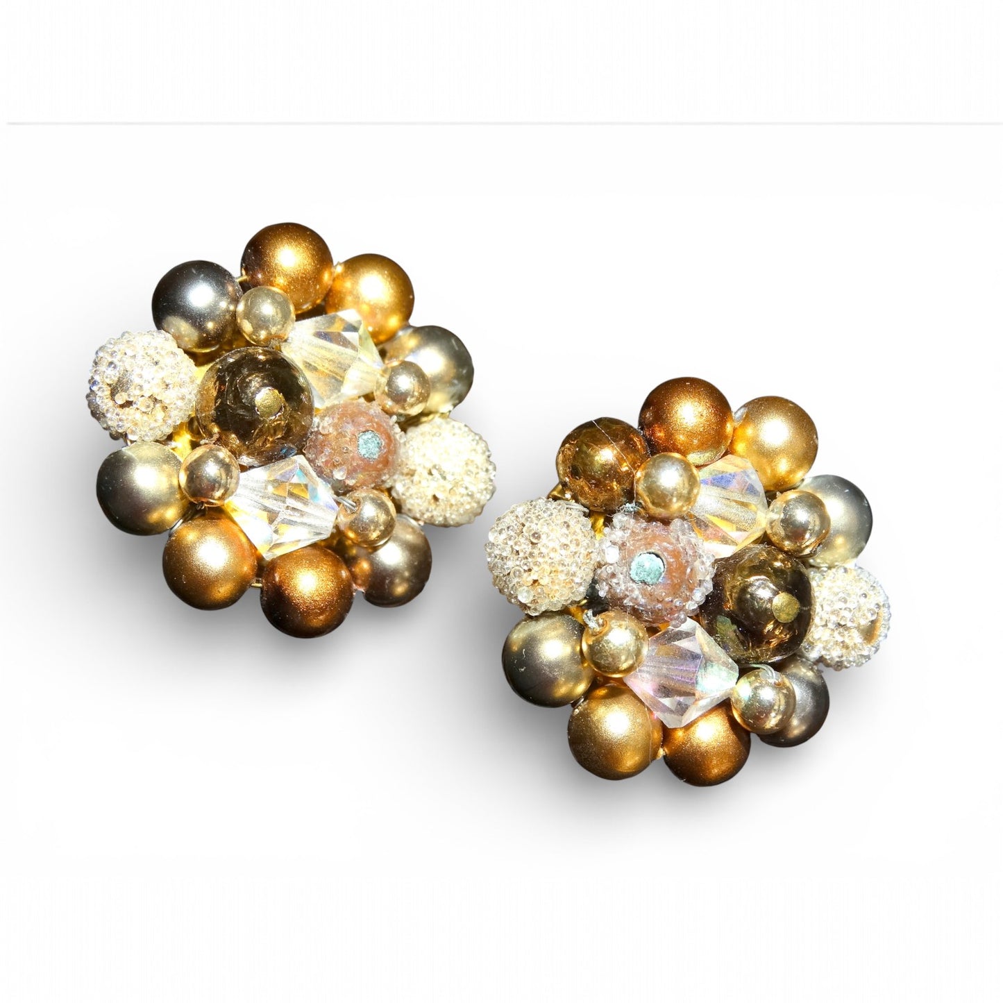 Vintage Gold & Silver Mid Century Beaded Cluster Clip-On Earrings Crystal Accents