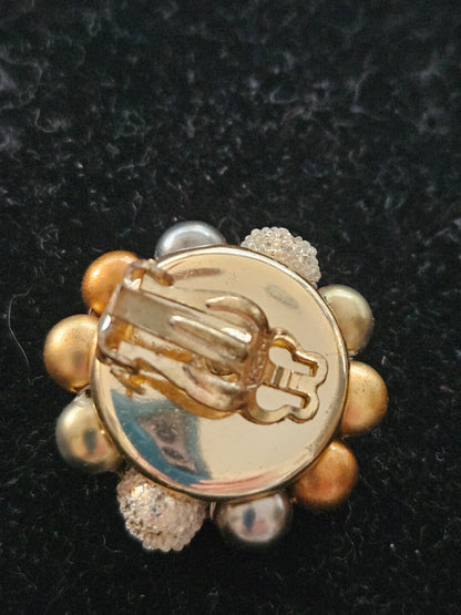 Vintage Gold & Silver Mid Century Beaded Cluster Clip-On Earrings Crystal Accents