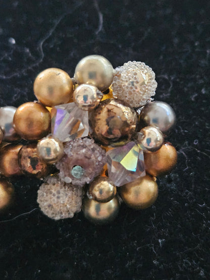 Vintage Gold & Silver Mid Century Beaded Cluster Clip-On Earrings Crystal Accents