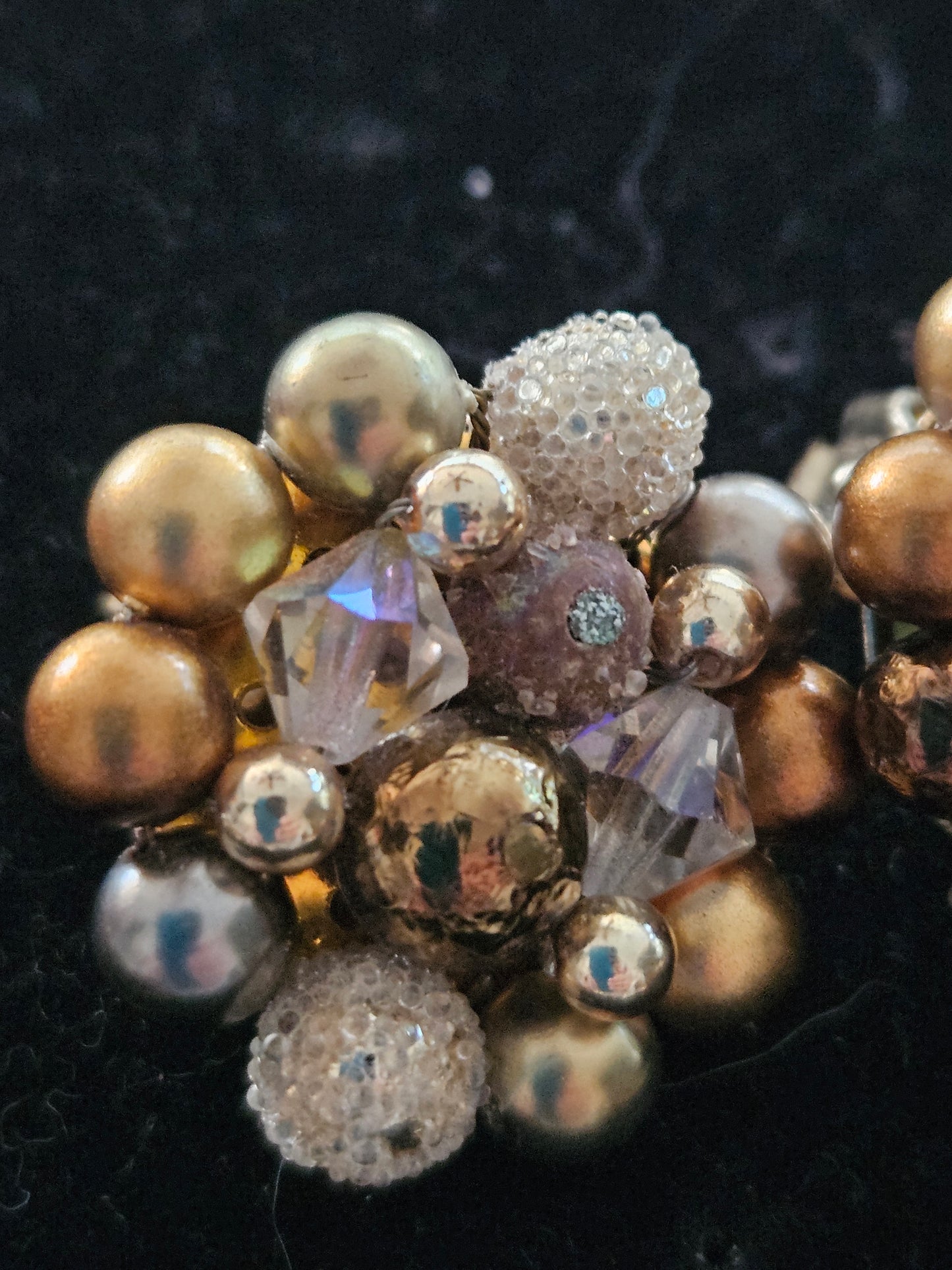 Vintage Gold & Silver Mid Century Beaded Cluster Clip-On Earrings Crystal Accents