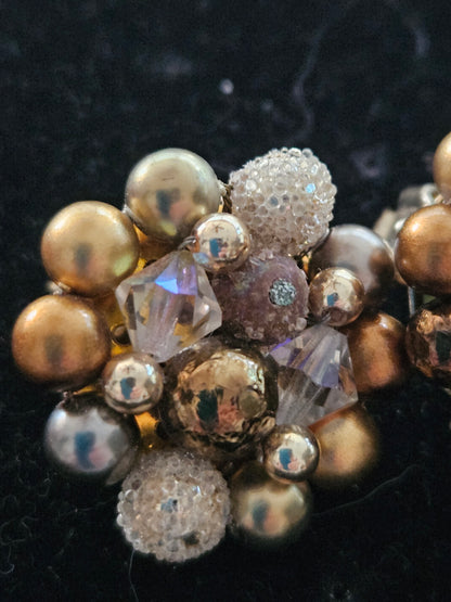 Vintage Gold & Silver Mid Century Beaded Cluster Clip-On Earrings Crystal Accents