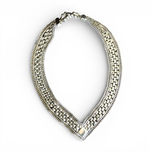 1980s Gold-Tone Woven Chevron Collar Necklace Vintage Statement V Necklace