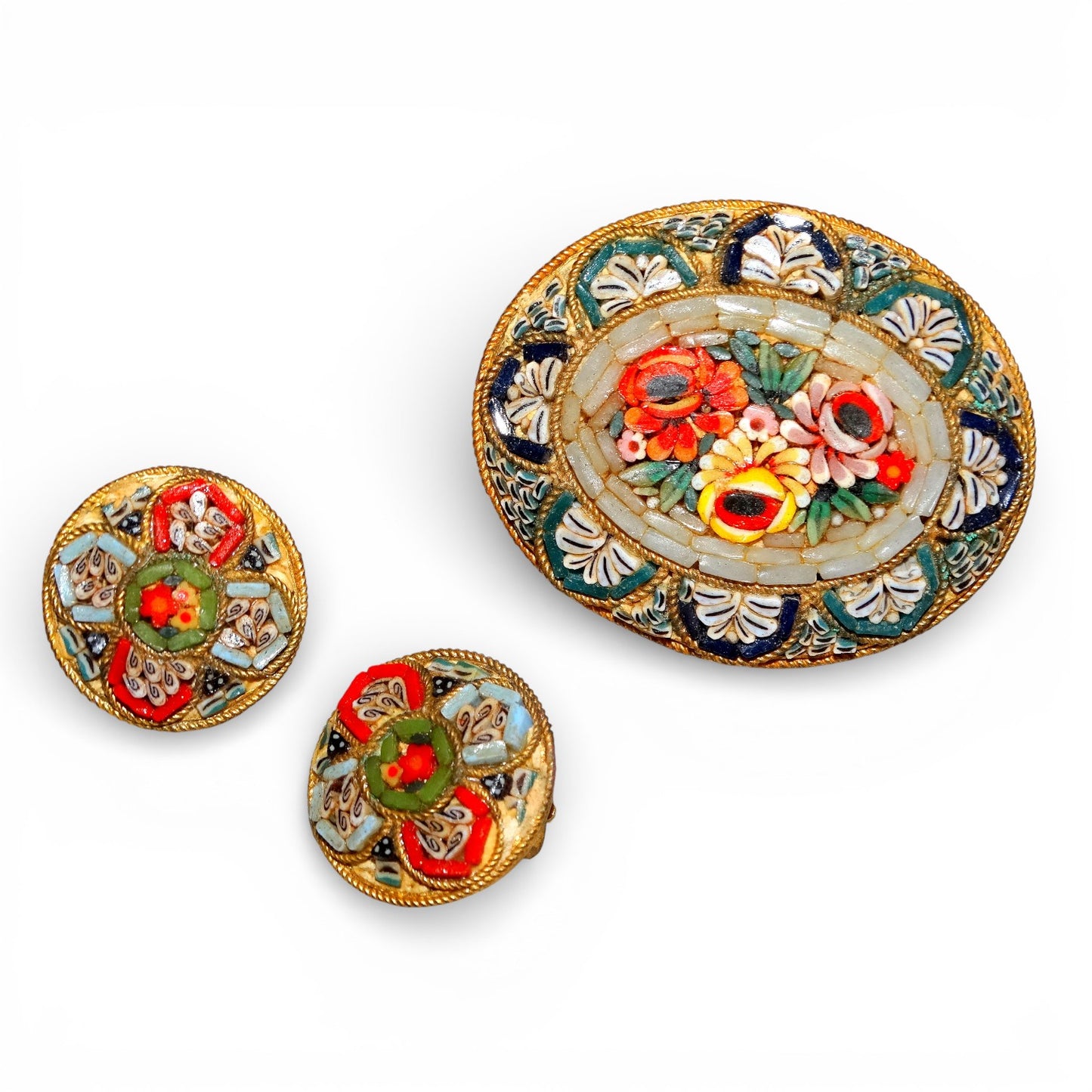 Vintage 1940 - 60s Italian Micro Mosaic Glass Brooch & Clip-On Earrings Set Floral Grand Tour Jewelry