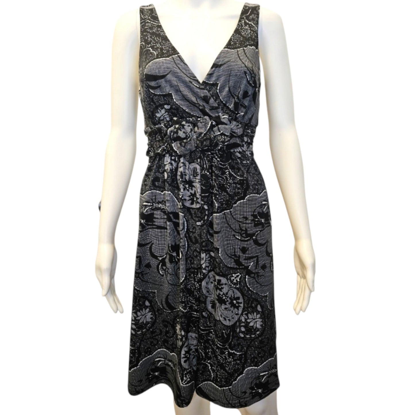 New York & Company Black & Grey Floral Midi Dress - Size XS | Casual Summer V-Neck