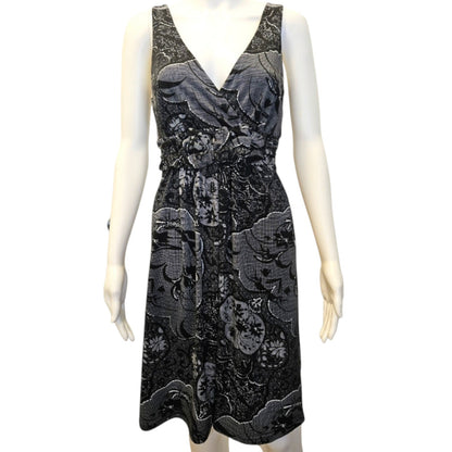 New York & Company Black & Grey Floral Midi Dress - Size XS | Casual Summer V-Neck