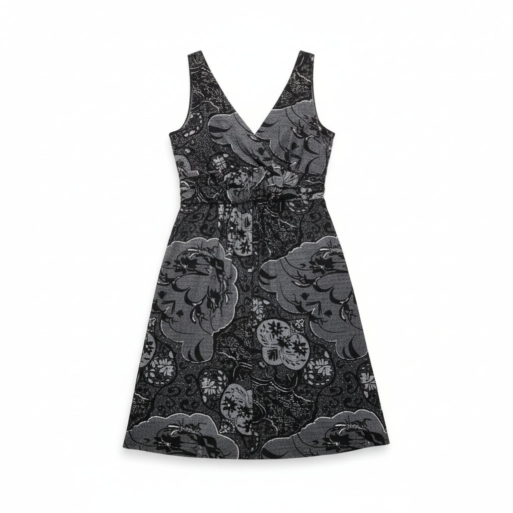 New York & Company Black & Grey Floral Midi Dress - Size XS | Casual Summer V-Neck