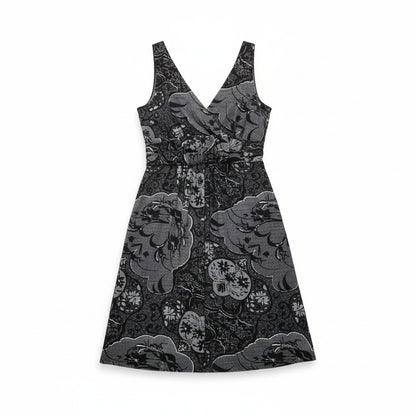 New York & Company Black & Grey Floral Midi Dress - Size XS | Casual Summer V-Neck