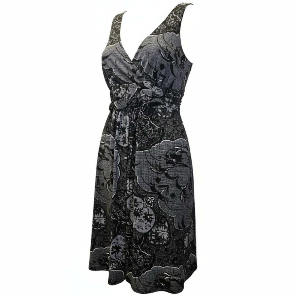 New York & Company Black & Grey Floral Midi Dress - Size XS | Casual Summer V-Neck