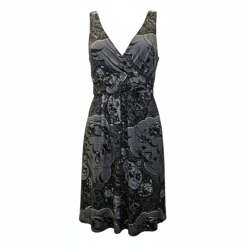 New York & Company Black & Grey Floral Midi Dress - Size XS | Casual Summer V-Neck