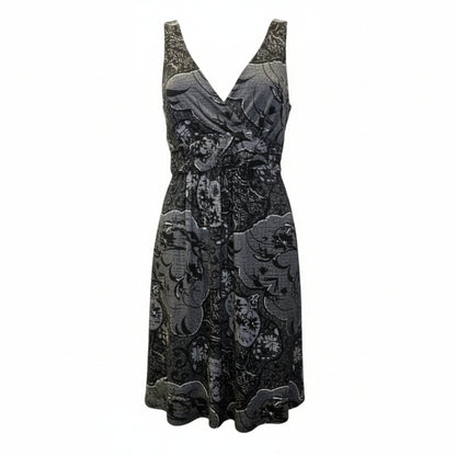 New York & Company Black & Grey Floral Midi Dress - Size XS | Casual Summer V-Neck