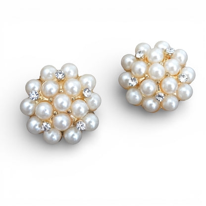 1950s–1960s Faux Pearl & Rhinestone Cluster Clip-On Earrings Mid-Century