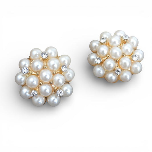 1950s–1960s Faux Pearl & Rhinestone Cluster Clip-On Earrings Mid-Century