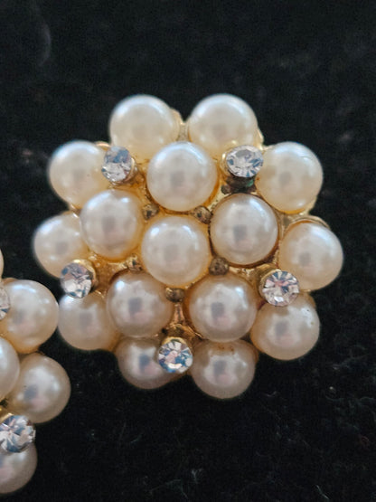 1950s–1960s Faux Pearl & Rhinestone Cluster Clip-On Earrings Mid-Century