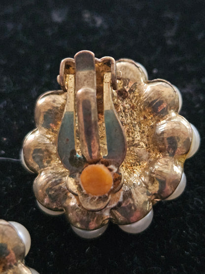 1950s–1960s Faux Pearl & Rhinestone Cluster Clip-On Earrings Mid-Century