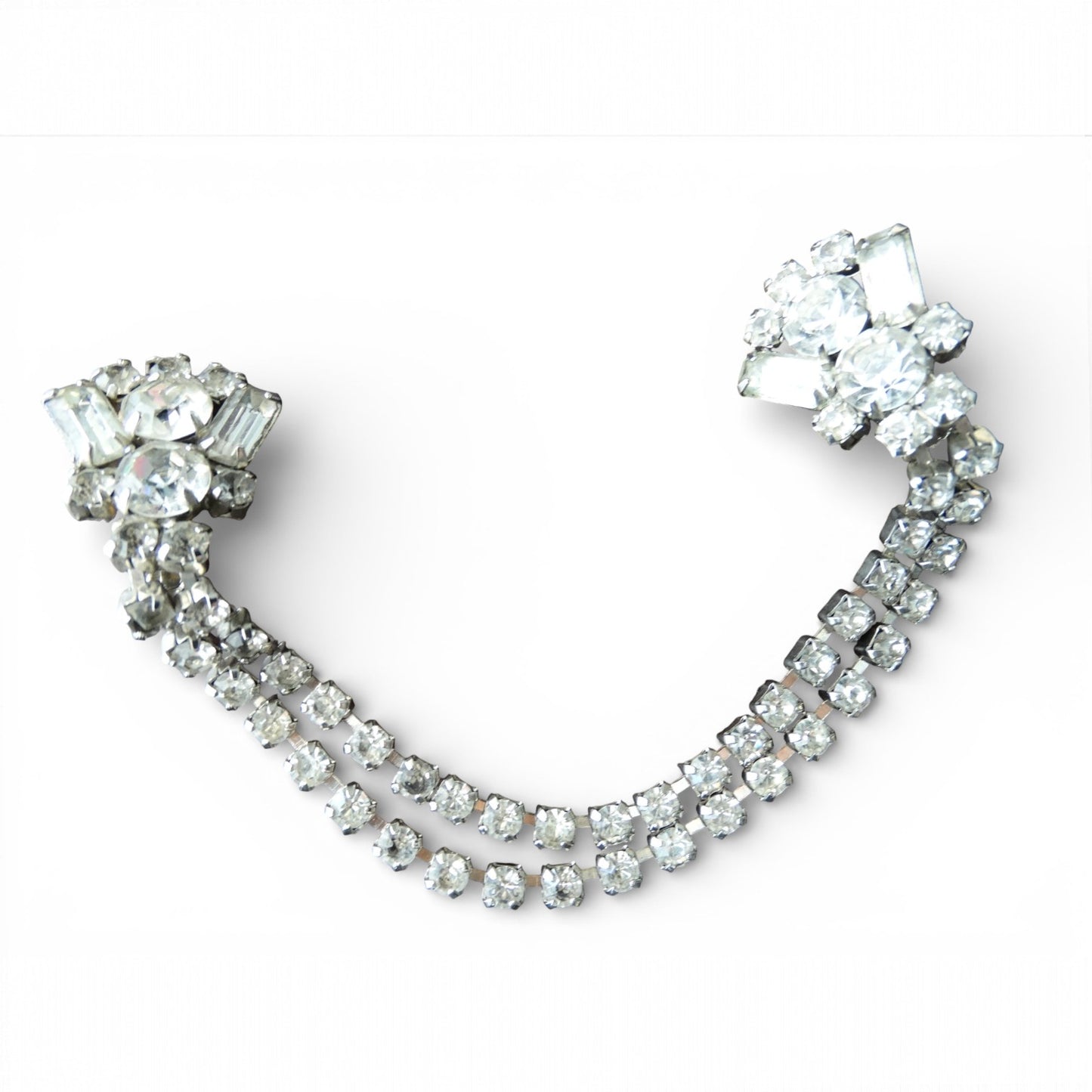 Vintage Mid-Century Rhinestone Sweater Guard | Double-Chain Silver-Tone Clip | 1950s–1960s