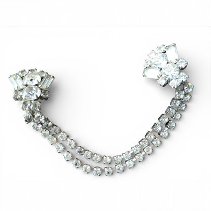 Vintage Mid-Century Rhinestone Sweater Guard | Double-Chain Silver-Tone Clip | 1950s–1960s